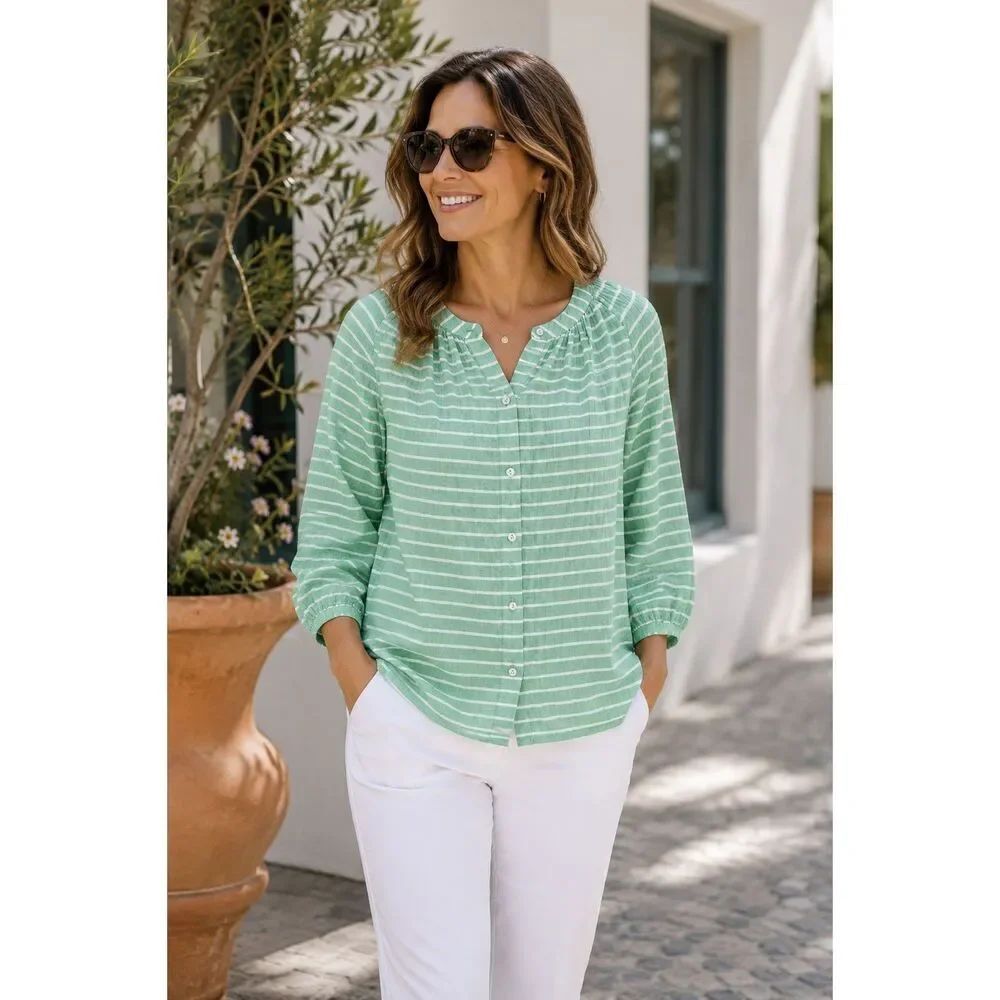J. Jill Green White Striped Crinkle Cotton Button Front Blouse 3/4 Sleeve Sz Lar
